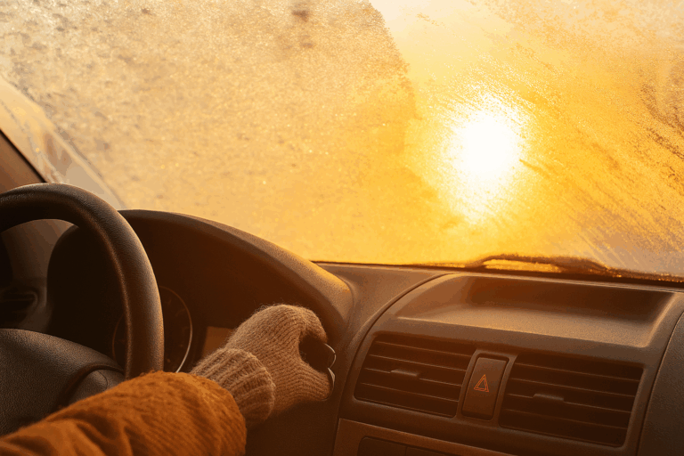 ハンドルを握るドライバーと窓ガラスを示す写真(冬支度チェック)